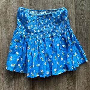 Place Nationale Smocked Linen Mini Skirt Blue‎ White Floral Size 2 (6)